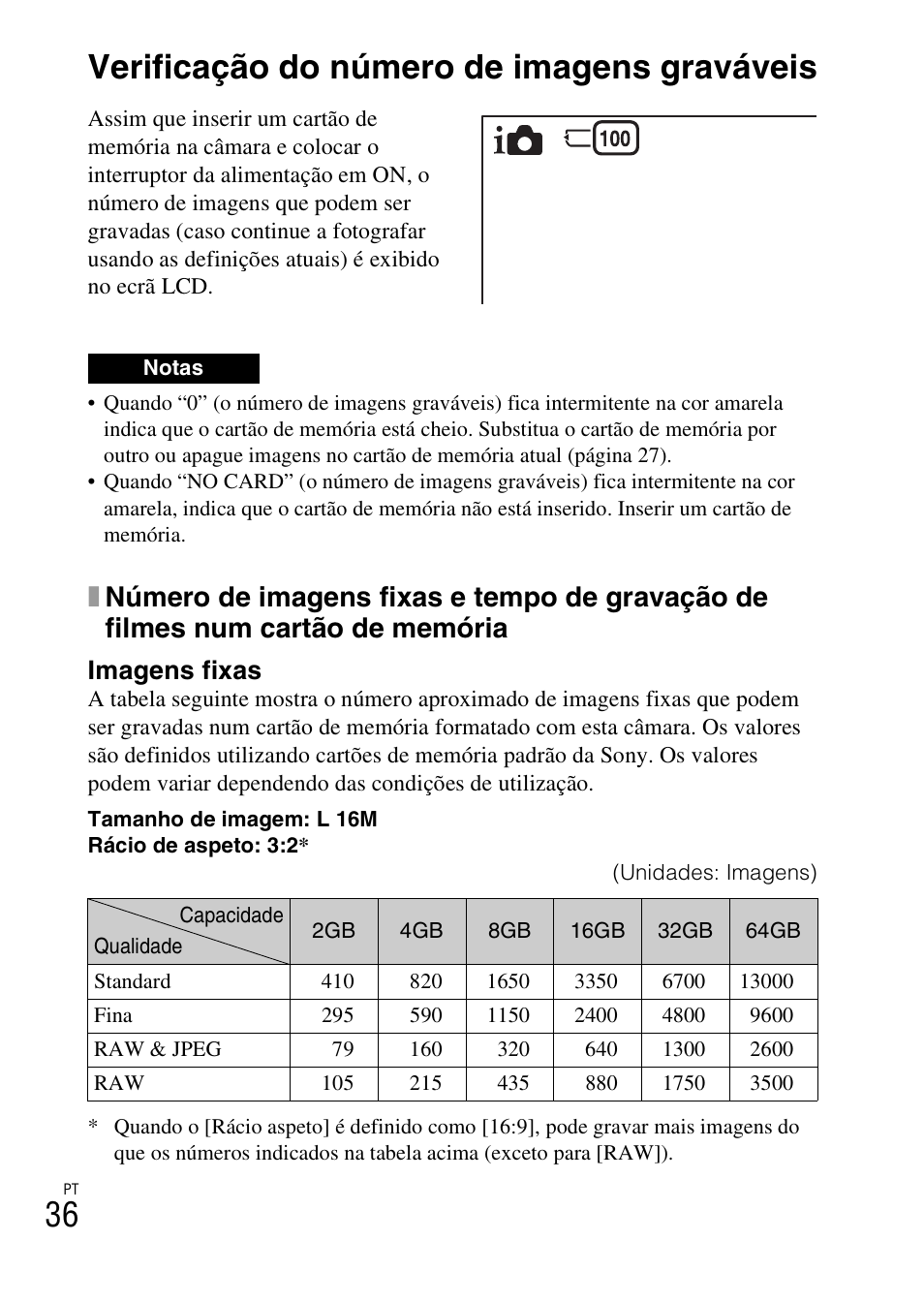 Outros temas, Verificação do número de imagens graváveis, Imagens fixas | Sony NEX-3NY User Manual | Page 304 / 547