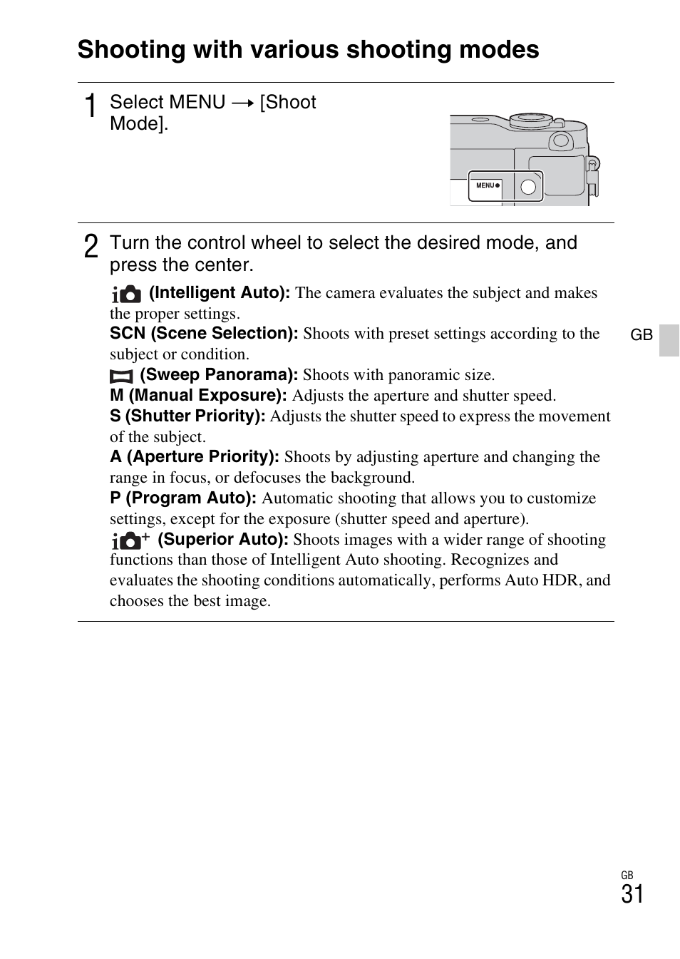 Using the recording functions, Shooting with various shooting modes | Sony NEX-3NY User Manual | Page 31 / 547