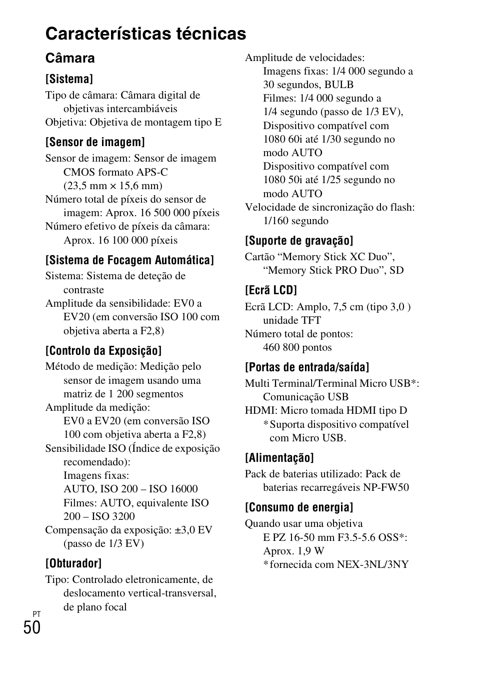 Características técnicas, 50 características técnicas, Câmara | Sony NEX-3NY User Manual | Page 318 / 547