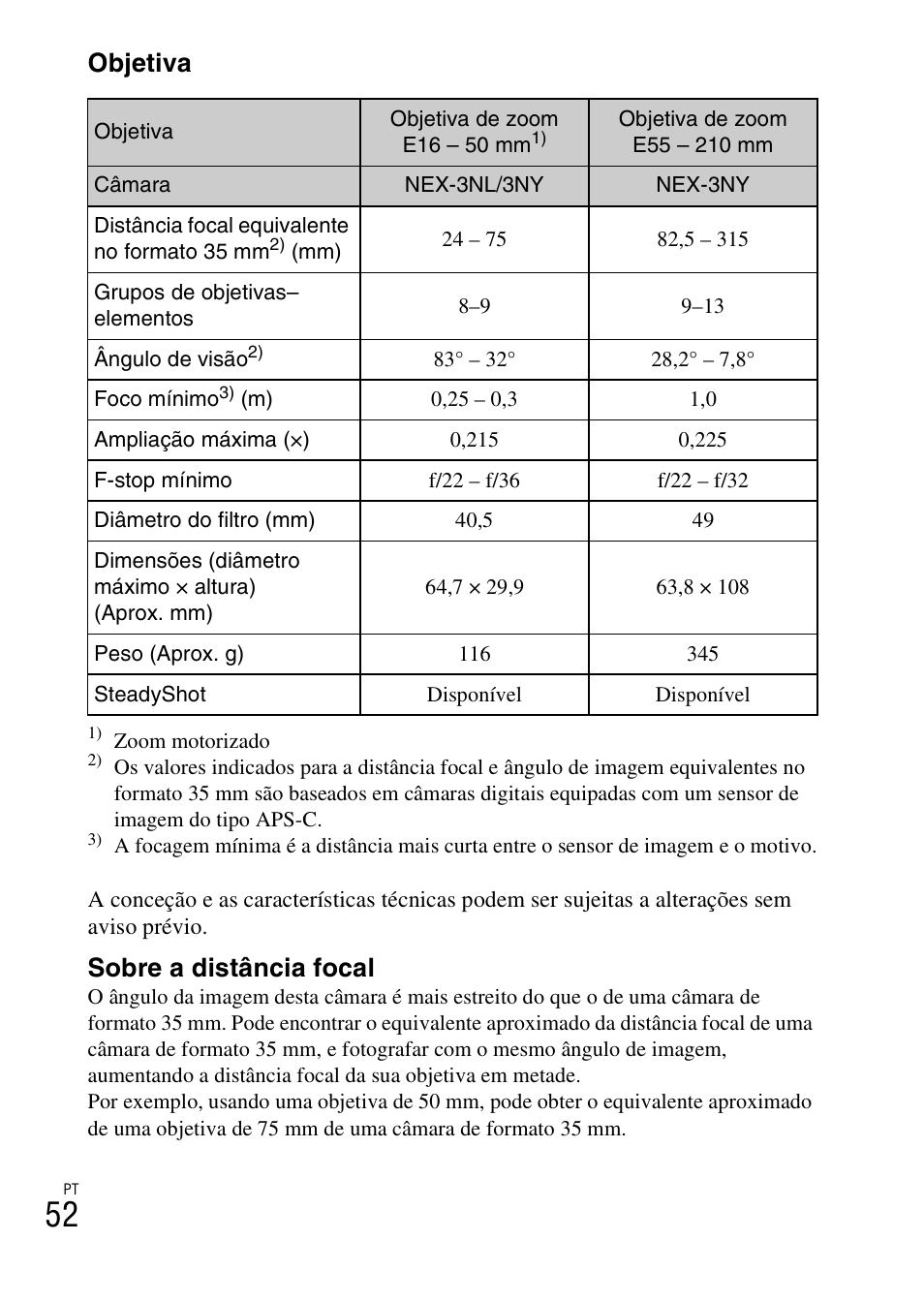 Objetiva, Sobre a distância focal | Sony NEX-3NY User Manual | Page 320 / 547