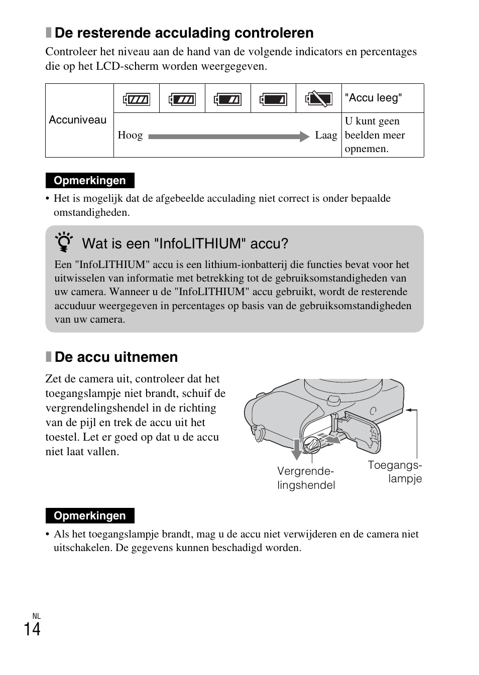 Xde resterende acculading controleren, Xde accu uitnemen, Wat is een "infolithium" accu | Sony NEX-3NY User Manual | Page 336 / 547