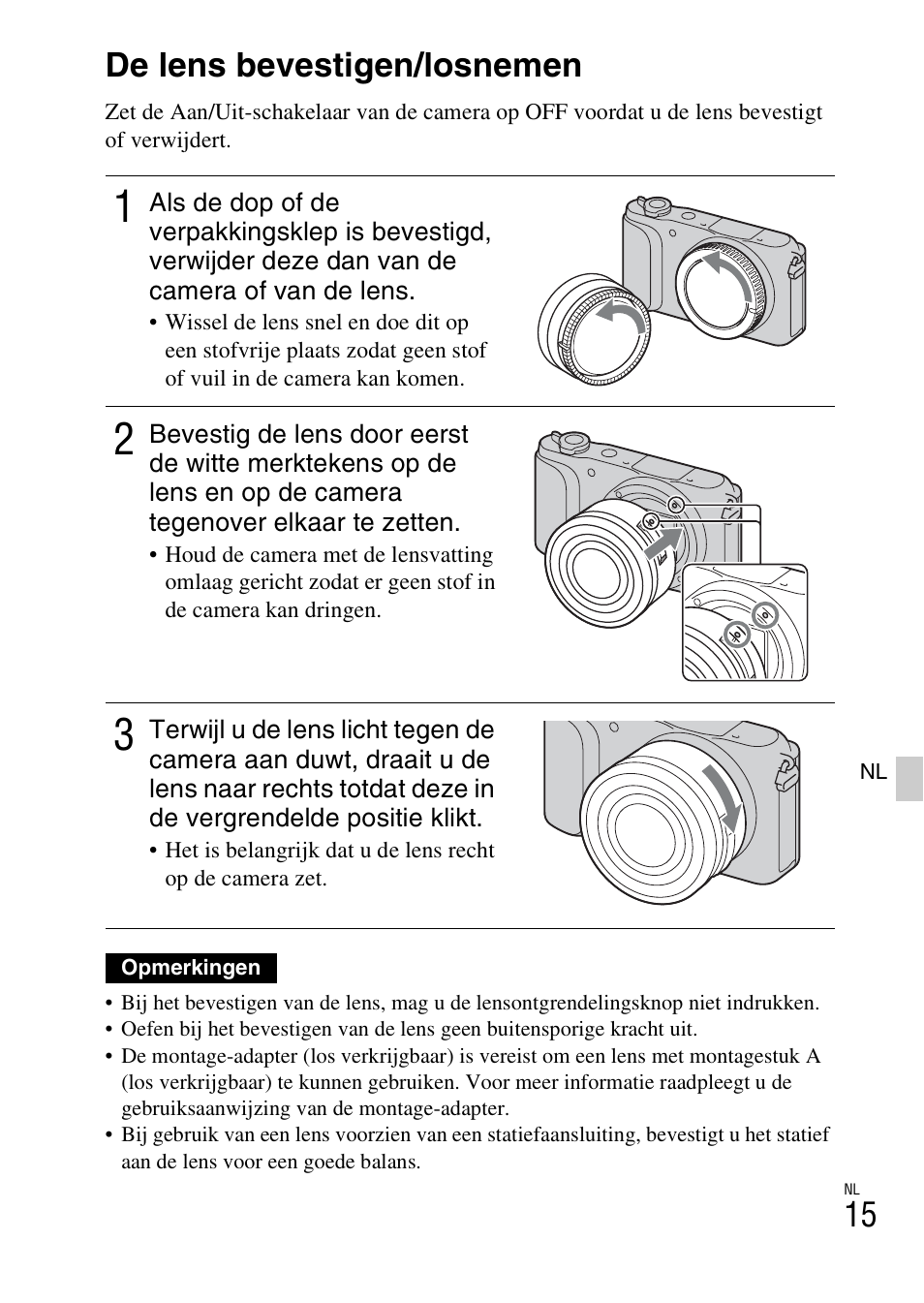 De lens bevestigen/losnemen | Sony NEX-3NY User Manual | Page 337 / 547