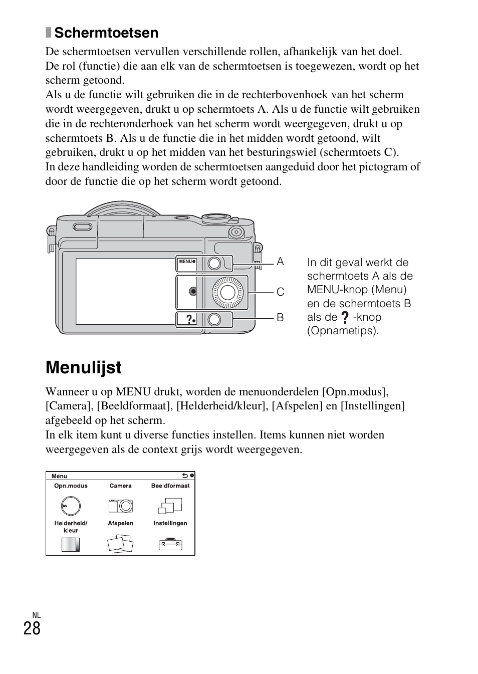 Menulijst, Xschermtoetsen | Sony NEX-3NY User Manual | Page 350 / 547