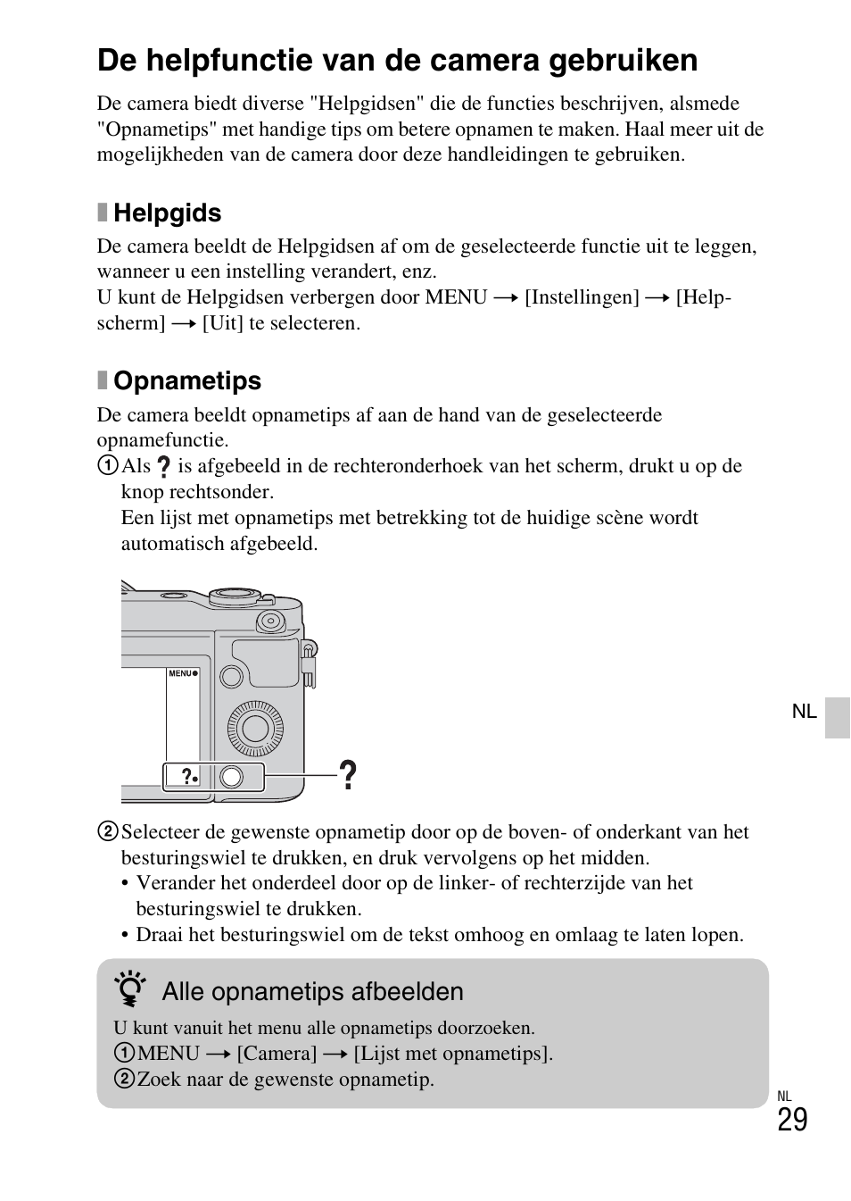 De helpfunctie van de camera gebruiken | Sony NEX-3NY User Manual | Page 351 / 547