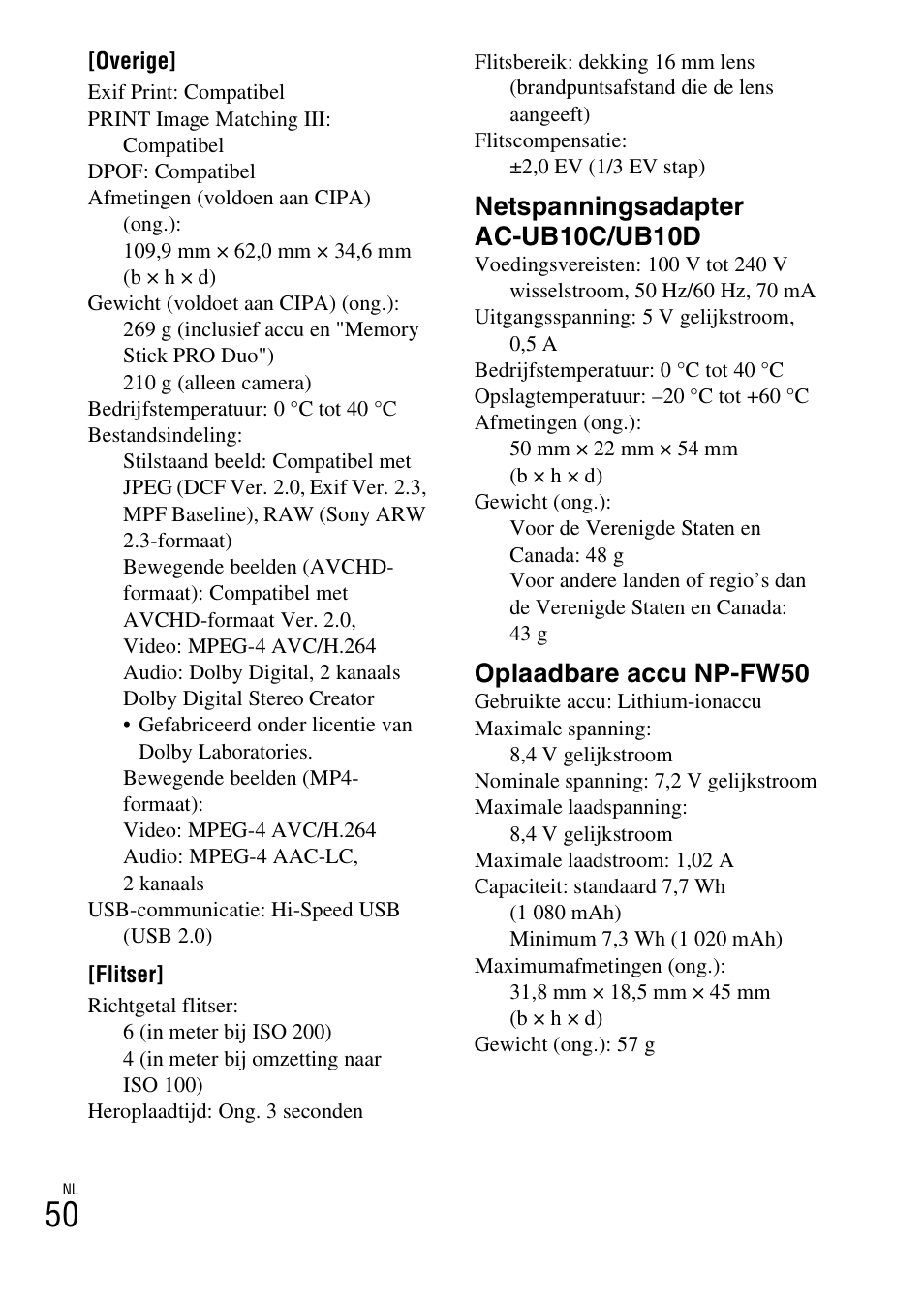 Netspanningsadapter ac-ub10c/ub10d, Oplaadbare accu np-fw50 | Sony NEX-3NY User Manual | Page 372 / 547