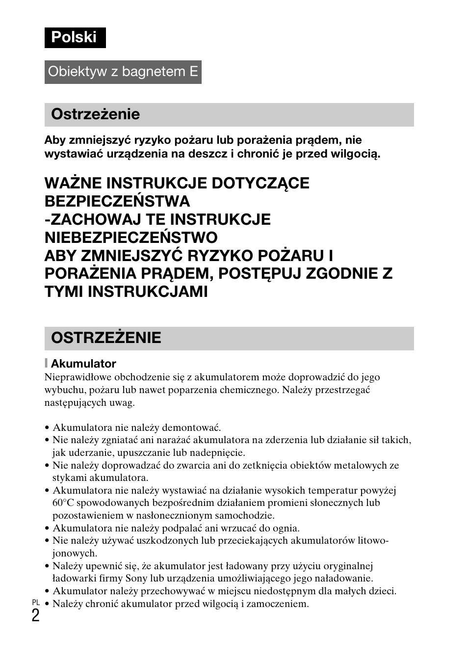 Polski, Ostrzeżenie ostrzeżenie, Obiektyw z bagnetem e | Sony NEX-3NY User Manual | Page 376 / 547