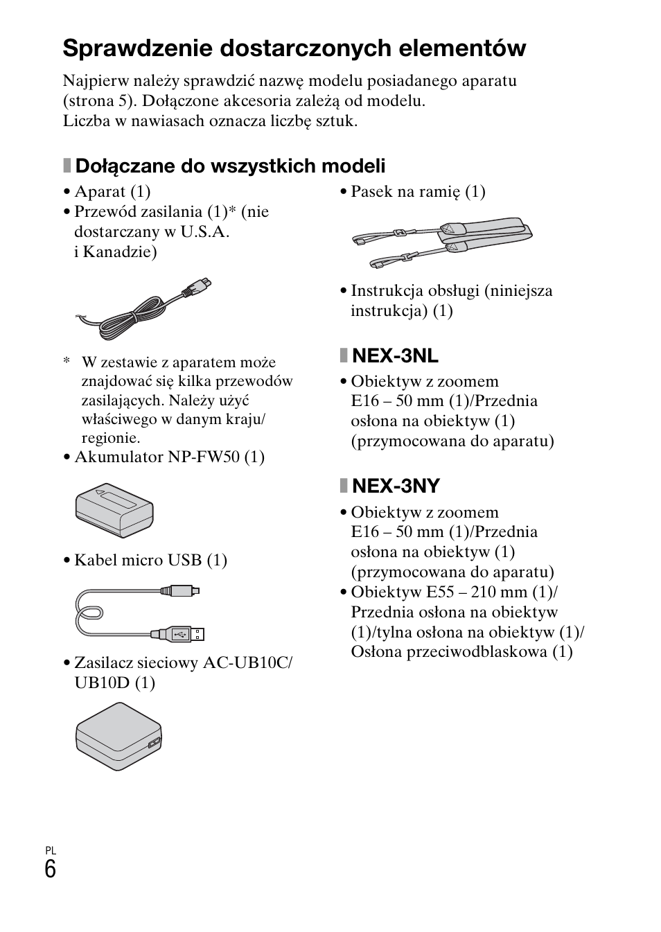 Przygotowanie aparatu, Sprawdzenie dostarczonych elementów, Xdołączane do wszystkich modeli | Xnex-3nl, Xnex-3ny | Sony NEX-3NY User Manual | Page 380 / 547