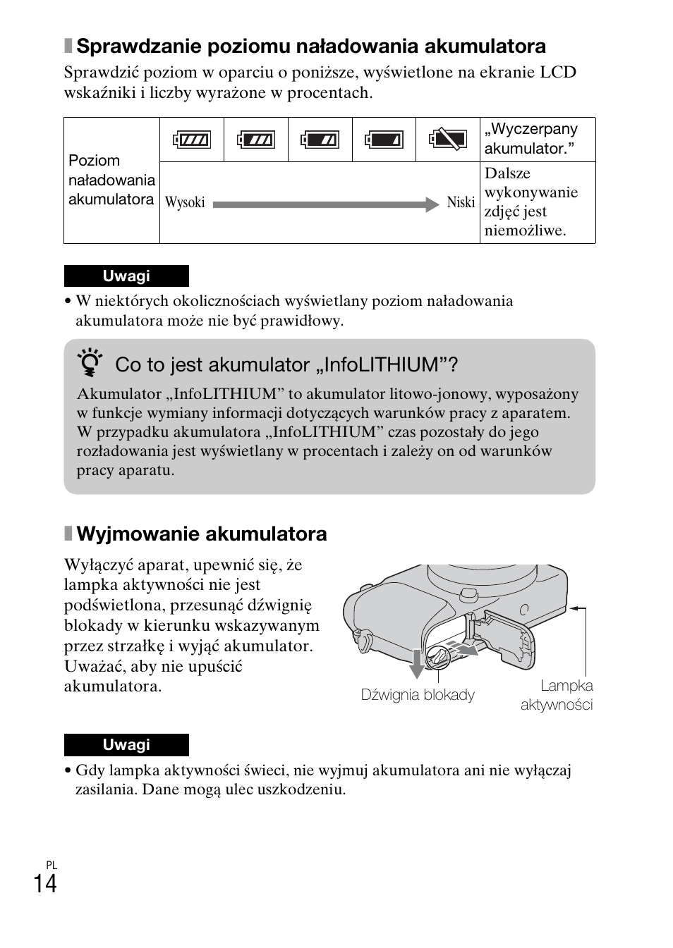 Xsprawdzanie poziomu naładowania akumulatora, Xwyjmowanie akumulatora, Co to jest akumulator „infolithium | Sony NEX-3NY User Manual | Page 388 / 547