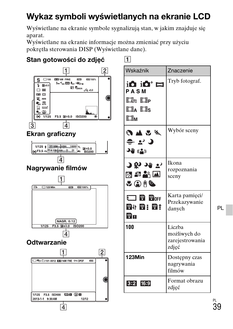 Wykaz symboli wyświetlanych na ekranie lcd | Sony NEX-3NY User Manual | Page 413 / 547