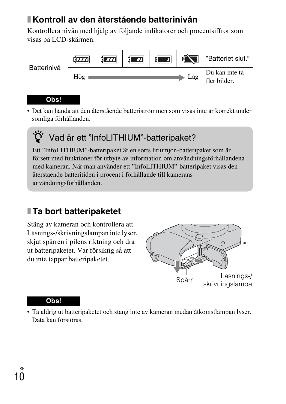 Xkontroll av den återstående batterinivån, Xta bort batteripaketet, Vad är ett ”infolithium”-batteripaket | Sony NEX-3NY User Manual | Page 438 / 547