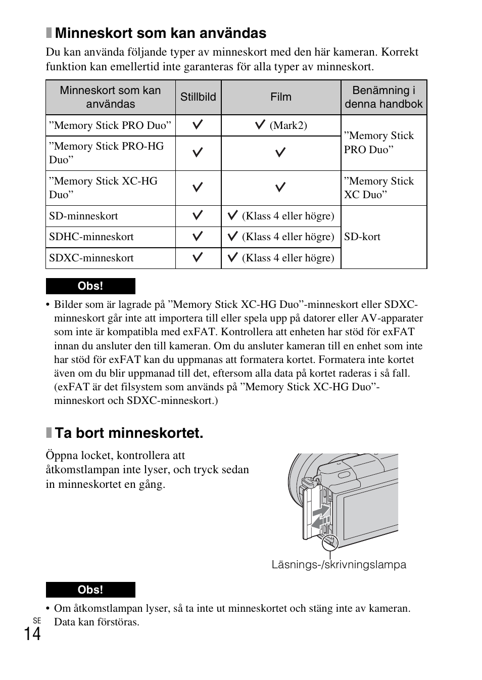 Xminneskort som kan användas, Xta bort minneskortet | Sony NEX-3NY User Manual | Page 442 / 547