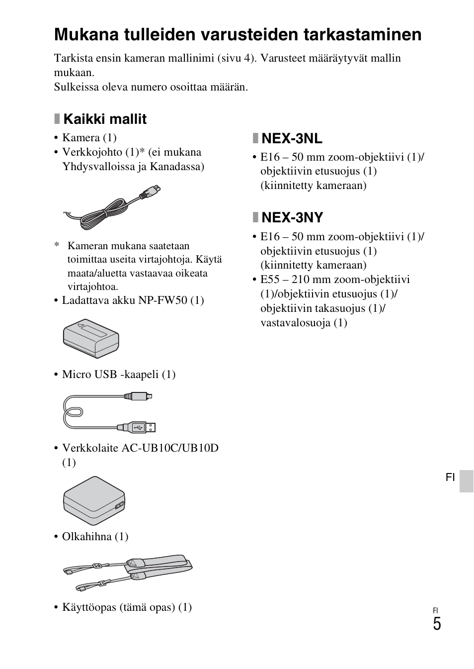 Kameran valmistelu, Mukana tulleiden varusteiden tarkastaminen, Xkaikki mallit | Xnex-3nl, Xnex-3ny | Sony NEX-3NY User Manual | Page 461 / 547