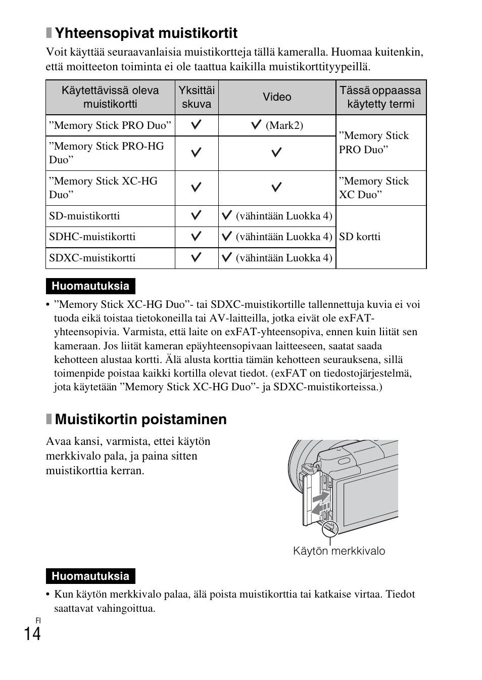 Xyhteensopivat muistikortit, Xmuistikortin poistaminen | Sony NEX-3NY User Manual | Page 470 / 547