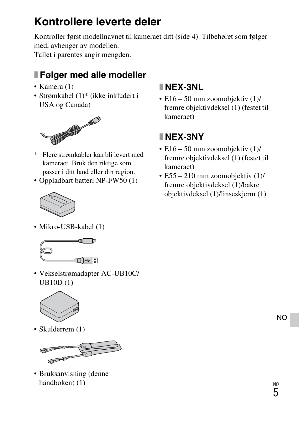 Klargjøre kameraet, Kontrollere leverte deler, Xfølger med alle modeller | Xnex-3nl, Xnex-3ny | Sony NEX-3NY User Manual | Page 489 / 547