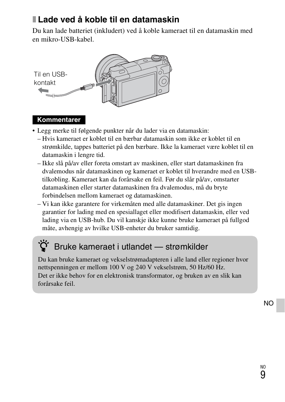 Xlade ved å koble til en datamaskin, Bruke kameraet i utlandet — strømkilder | Sony NEX-3NY User Manual | Page 493 / 547