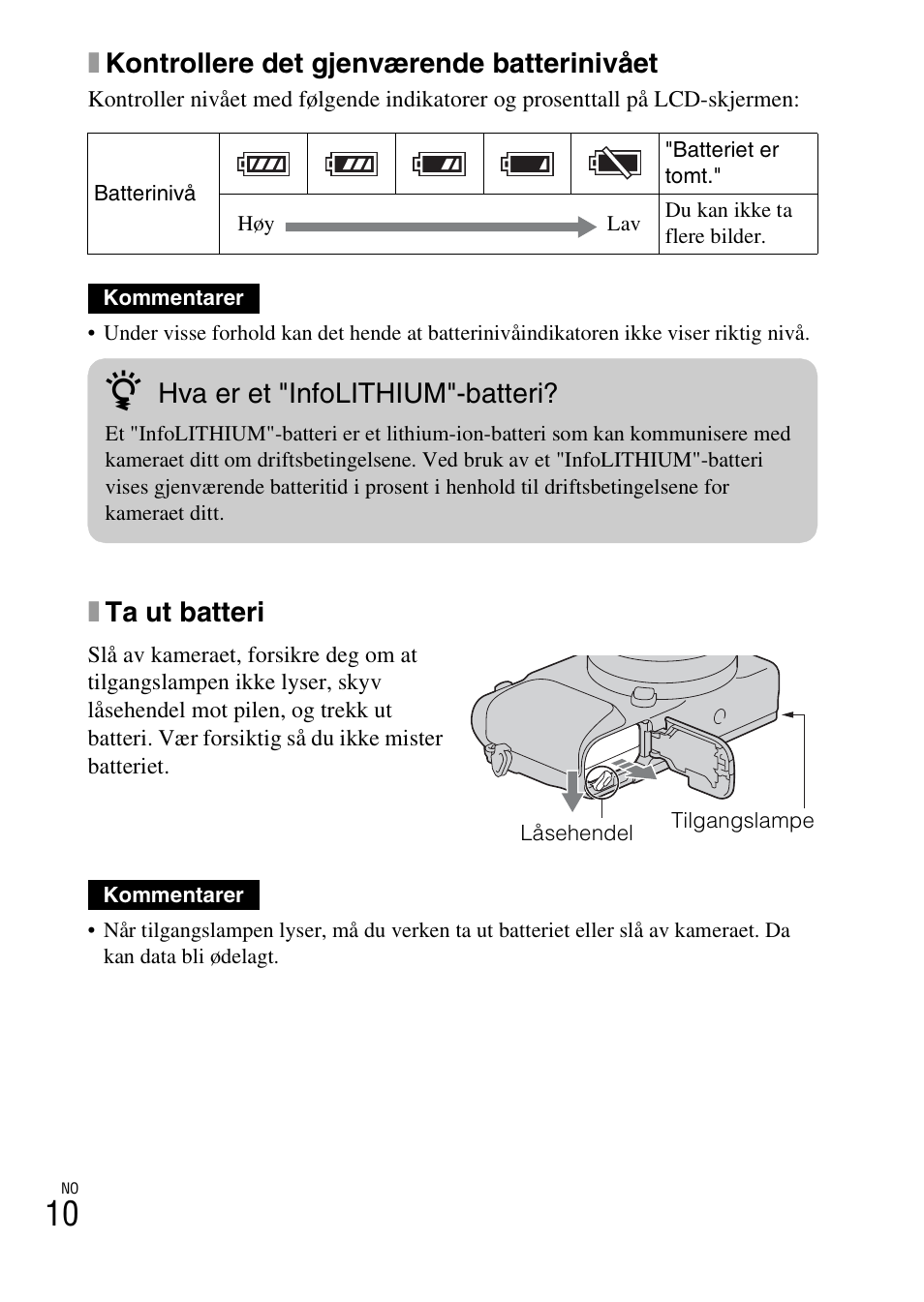 Xkontrollere det gjenværende batterinivået, Xta ut batteri, Hva er et "infolithium"-batteri | Sony NEX-3NY User Manual | Page 494 / 547