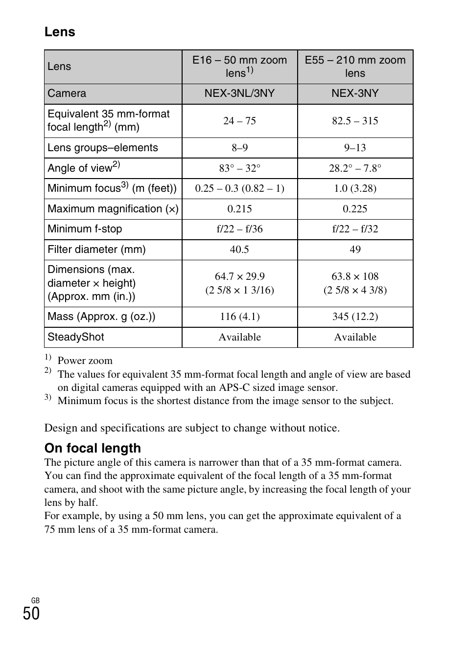 Lens, On focal length | Sony NEX-3NY User Manual | Page 50 / 547