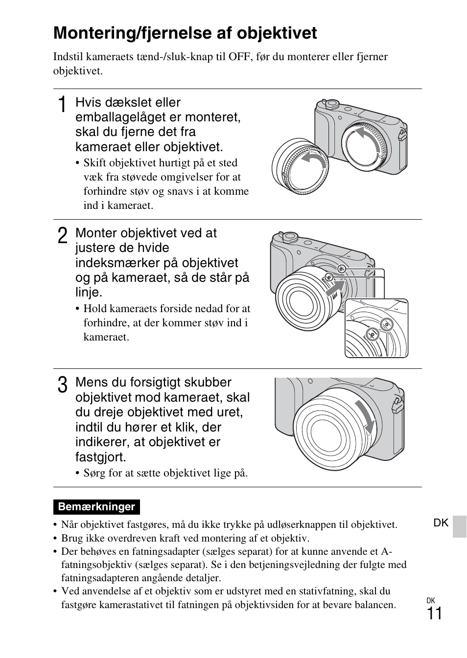 Montering/fjernelse af objektivet | Sony NEX-3NY User Manual | Page 523 / 547