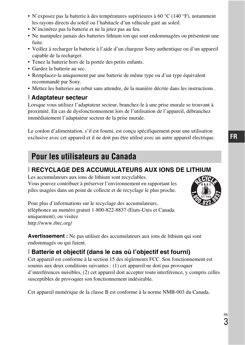 Pour les utilisateurs au canada | Sony NEX-3NY User Manual | Page 55 / 547