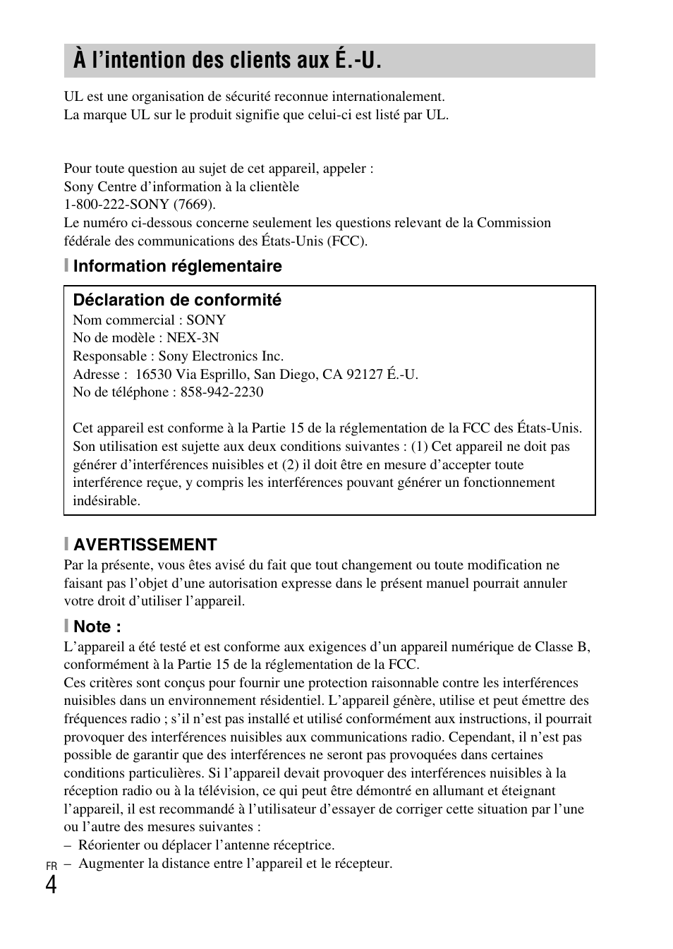 À l’intention des clients aux é.-u | Sony NEX-3NY User Manual | Page 56 / 547