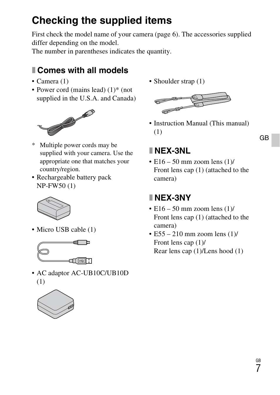 Preparing the camera, Checking the supplied items, Xcomes with all models | Xnex-3nl, Xnex-3ny | Sony NEX-3NY User Manual | Page 7 / 547