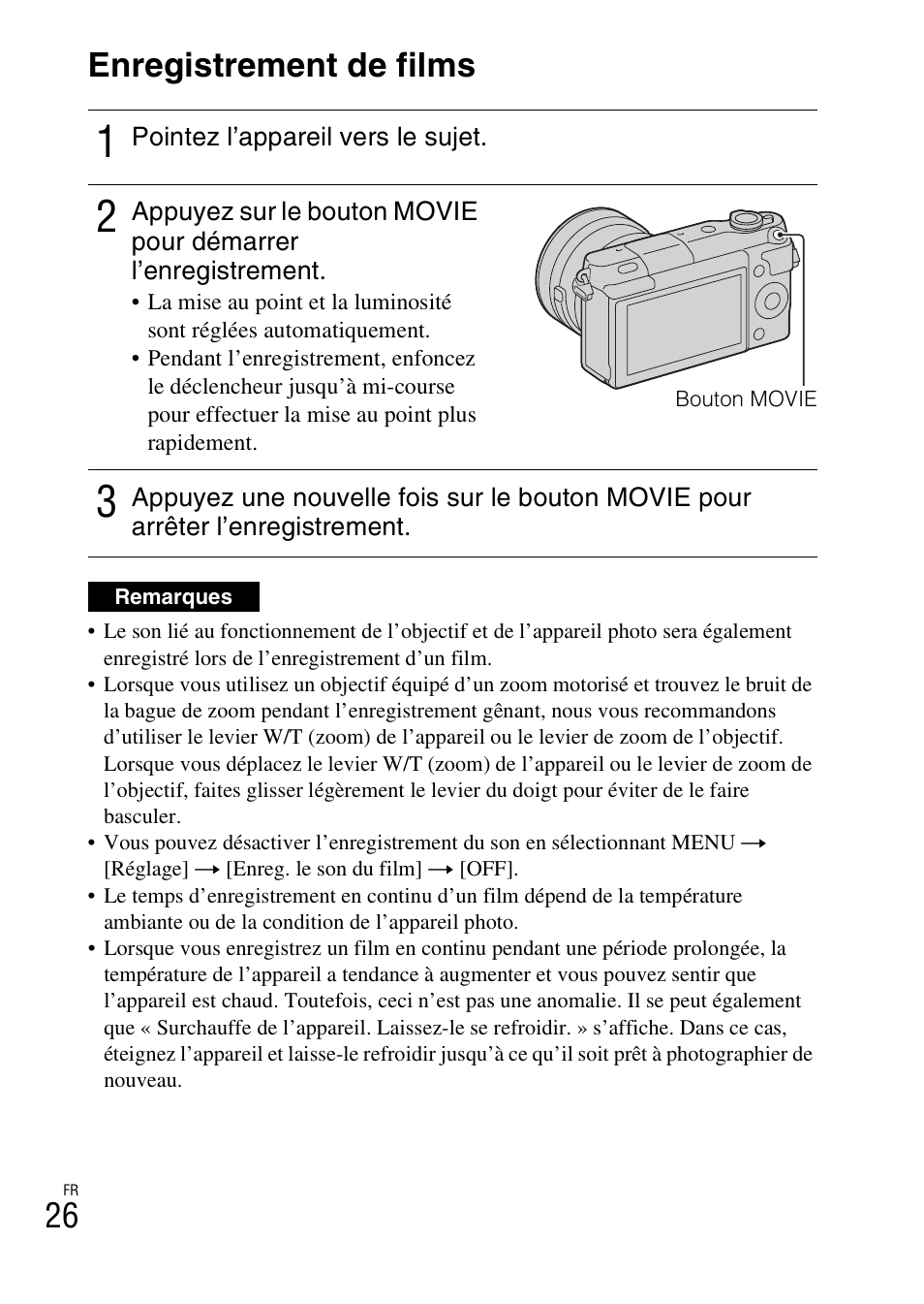 Enregistrement de films, 26 enregistrement de films | Sony NEX-3NY User Manual | Page 78 / 547