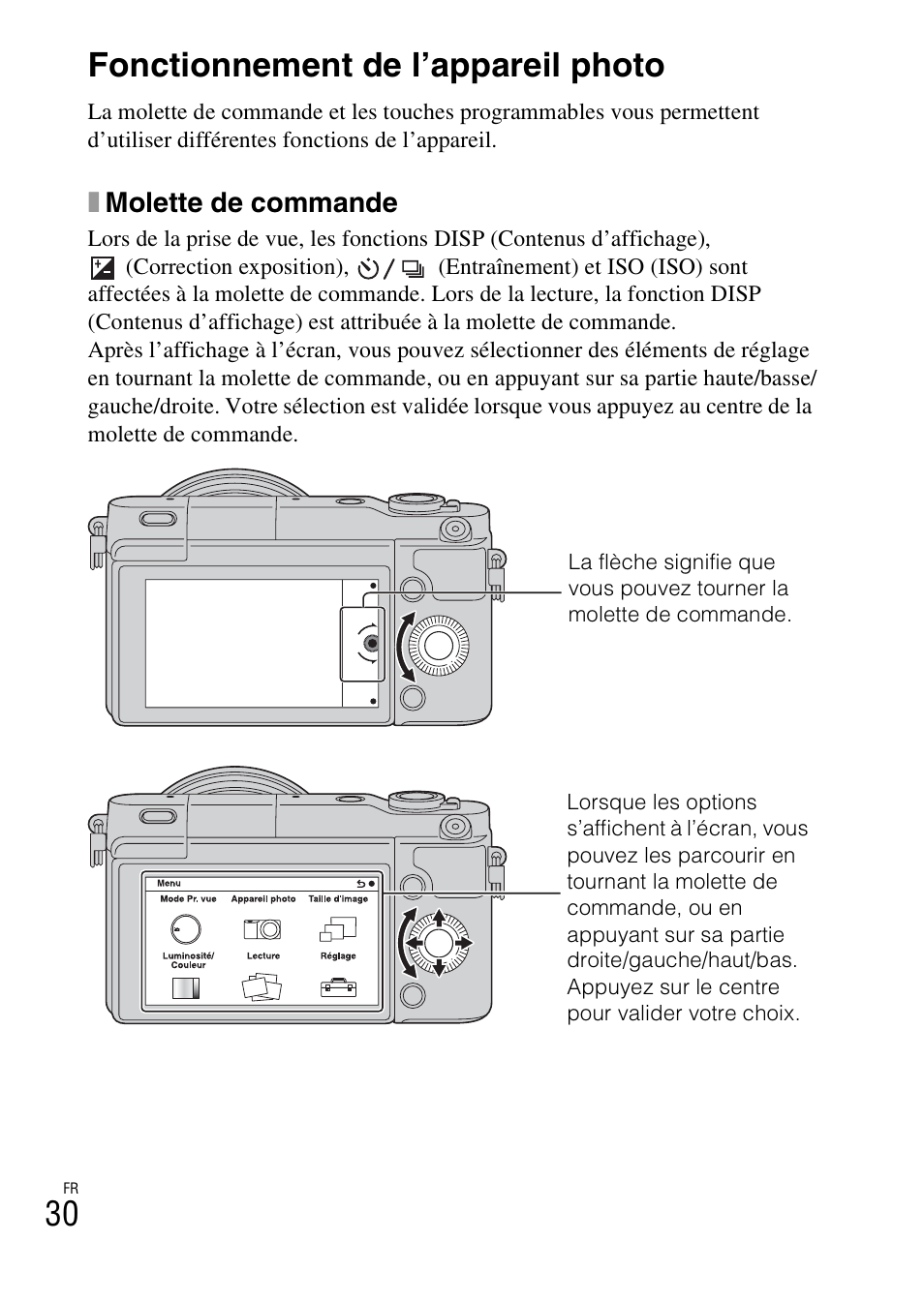 Fonctionnement de l’appareil photo, 30 fonctionnement de l’appareil photo, Xmolette de commande | Sony NEX-3NY User Manual | Page 82 / 547