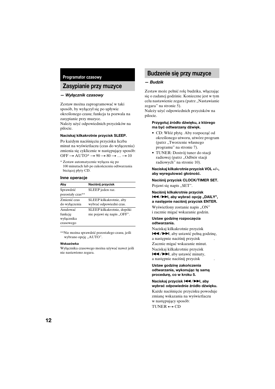 Programator czasowy, Zasypianie przy muzyce, Wyłącznik czasowy | Budzenie się przy muzyce, Budzik | Sony CMT-CQ1 User Manual | Page 100 / 112