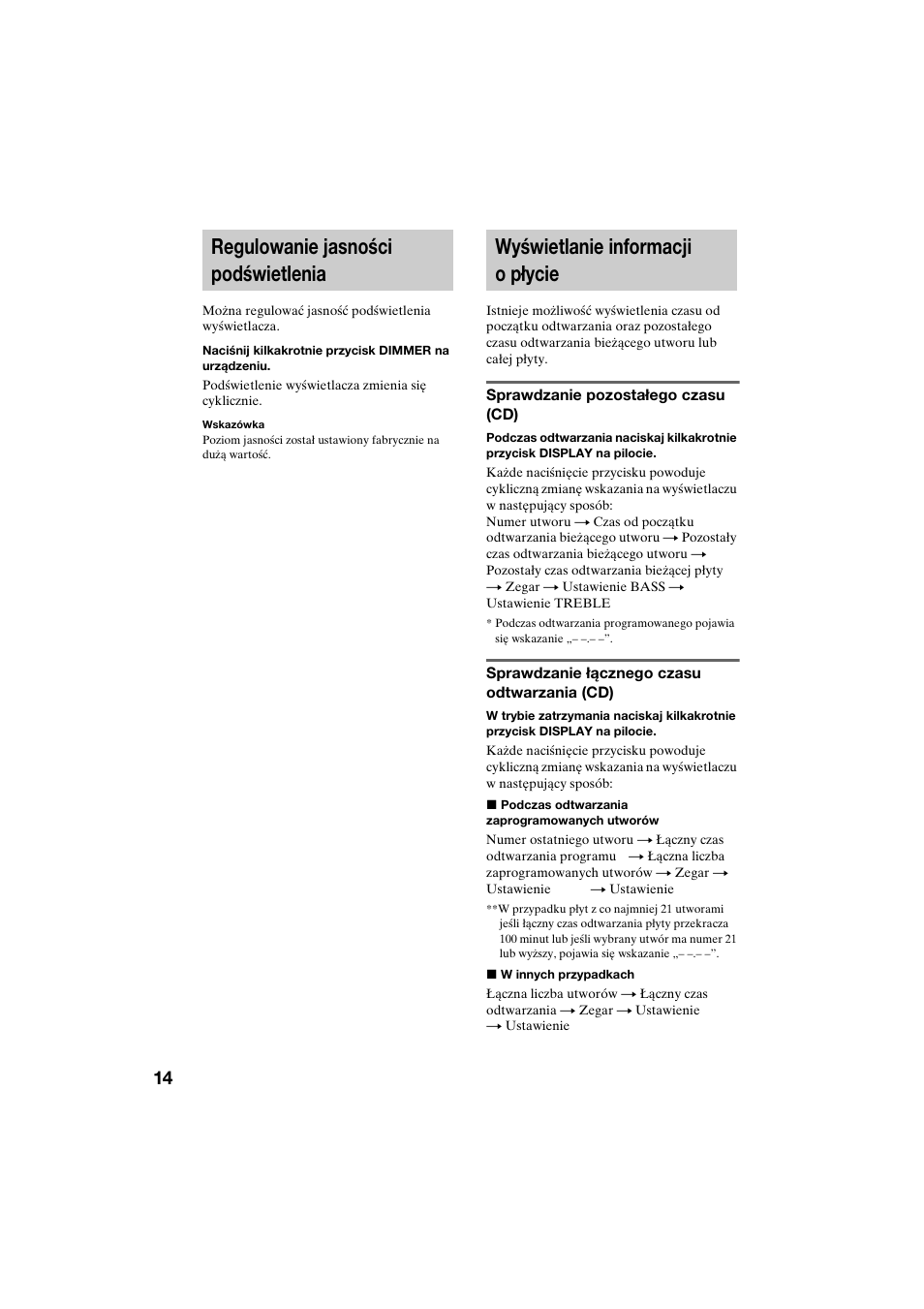 Regulowanie jasności podświetlenia, Wyświetlanie informacji o płycie | Sony CMT-CQ1 User Manual | Page 102 / 112