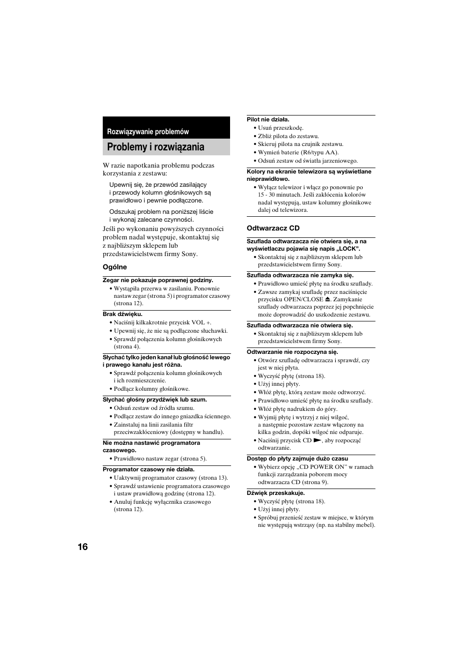 Rozwiązywanie problemów, Problemy i rozwiązania | Sony CMT-CQ1 User Manual | Page 104 / 112