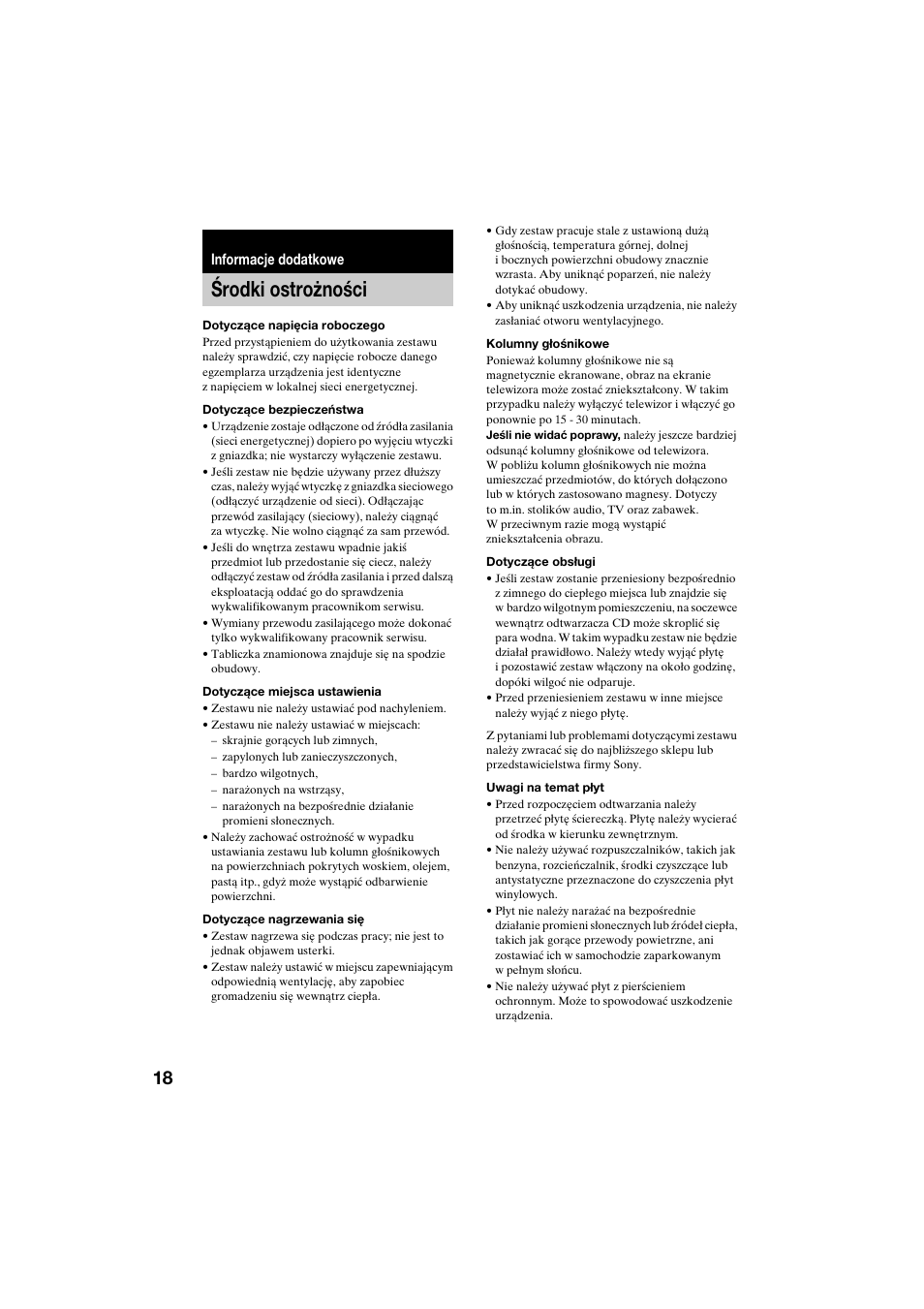 Informacje dodatkowe, Środki ostrożności | Sony CMT-CQ1 User Manual | Page 106 / 112