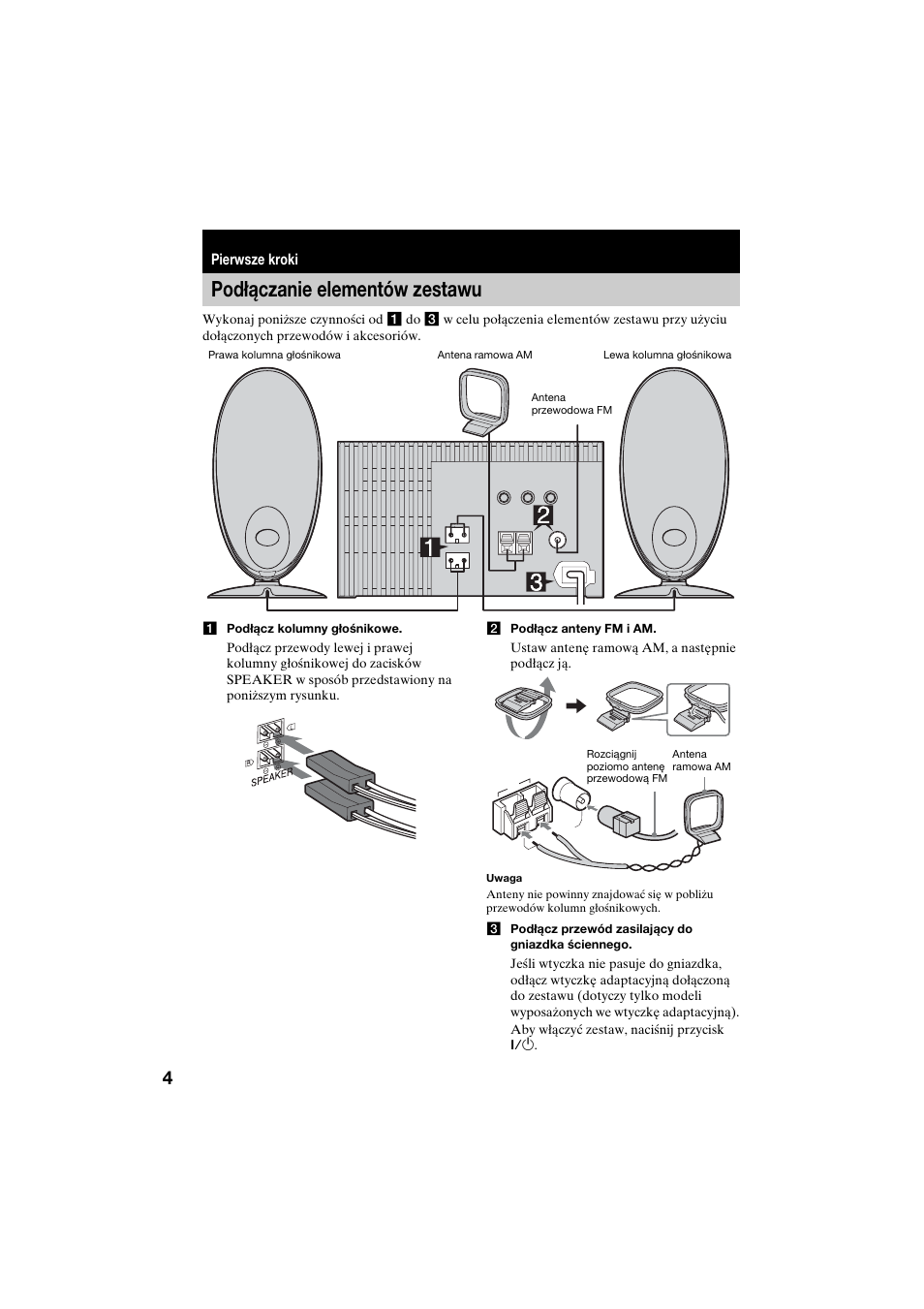 Pierwsze kroki, Podłączanie elementów zestawu | Sony CMT-CQ1 User Manual | Page 92 / 112