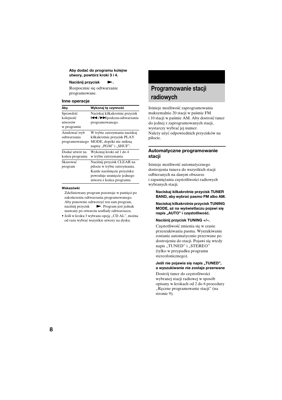 Tuner, Programowanie stacji radiowych | Sony CMT-CQ1 User Manual | Page 96 / 112