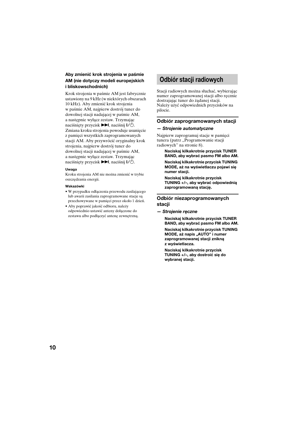 Odbiór stacji radiowych, Strojenie automatyczne, Strojenie ręczne | Sony CMT-CQ1 User Manual | Page 98 / 112