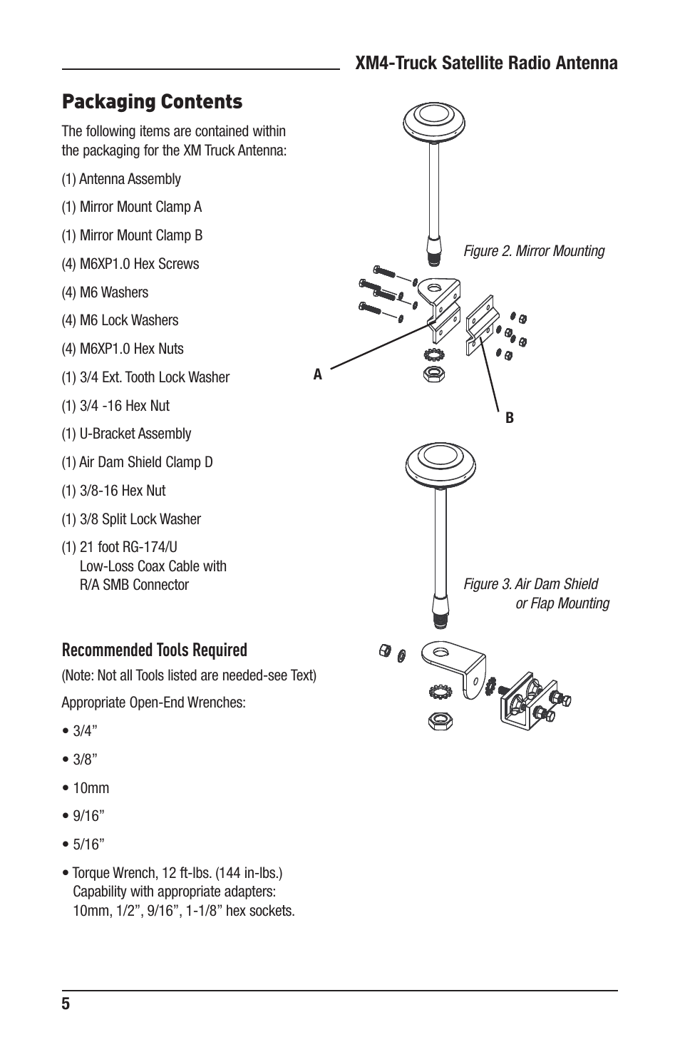 Packaging contents, Xm4-truck satellite radio antenna, Recommended tools required | Audiovox TERK XM4 User Manual | Page 5 / 12
