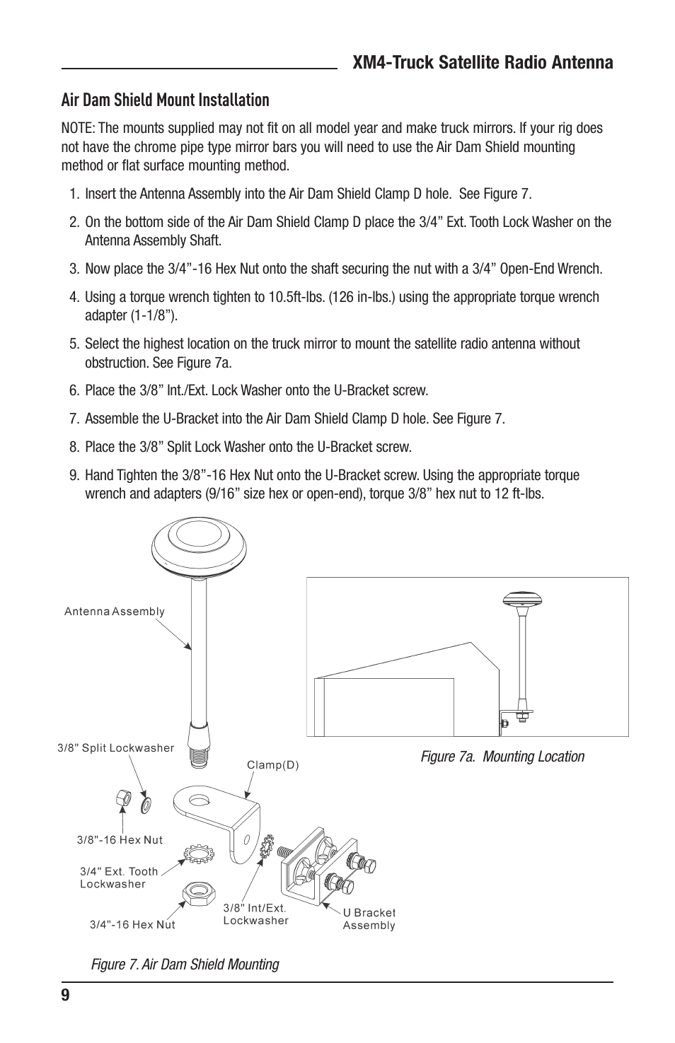 Xm4-truck satellite radio antenna, Air dam shield mount installation | Audiovox TERK XM4 User Manual | Page 9 / 12