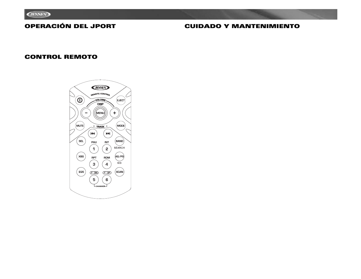 Mp6211, Operación del jport, Control remoto | Cuidado y mantenimiento | Audiovox MP6211 User Manual | Page 34 / 52