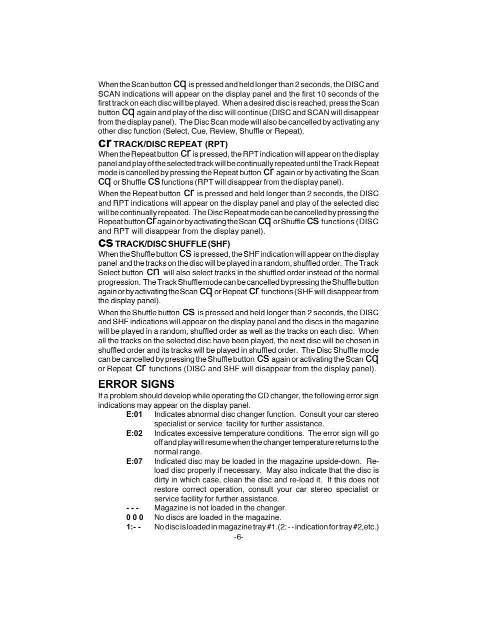 Error signs | Audiovox GM-250 User Manual | Page 7 / 8