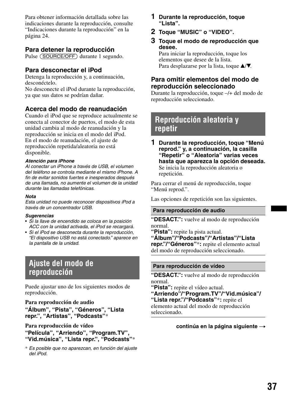 Ajuste del modo de reproducción, Reproducción aleatoria y repetir | Sony XNV-L66BT User Manual | Page 115 / 248
