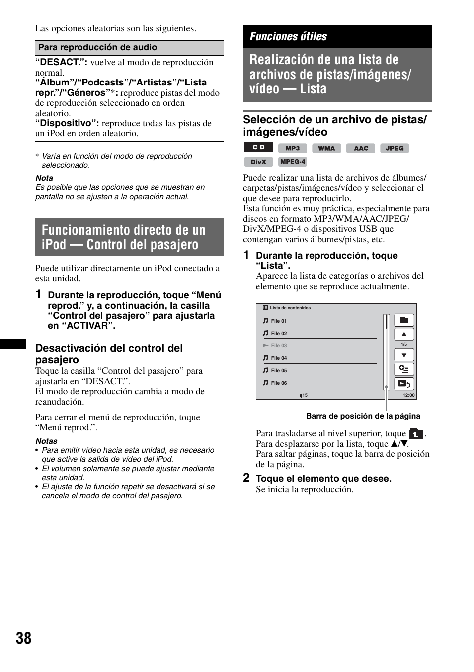 Funciones útiles, Selección de un archivo de pistas/ imágenes/vídeo, Funcionamiento directo de un ipod | Control del pasajero, Selección de un archivo de pistas/imágenes/ vídeo, Desactivación del control del pasajero | Sony XNV-L66BT User Manual | Page 116 / 248