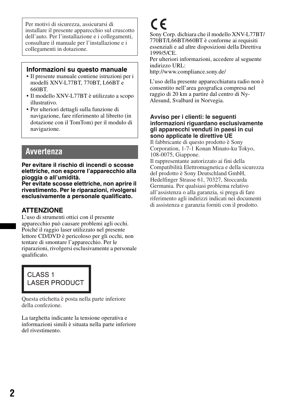 Avvertenza | Sony XNV-L66BT User Manual | Page 162 / 248