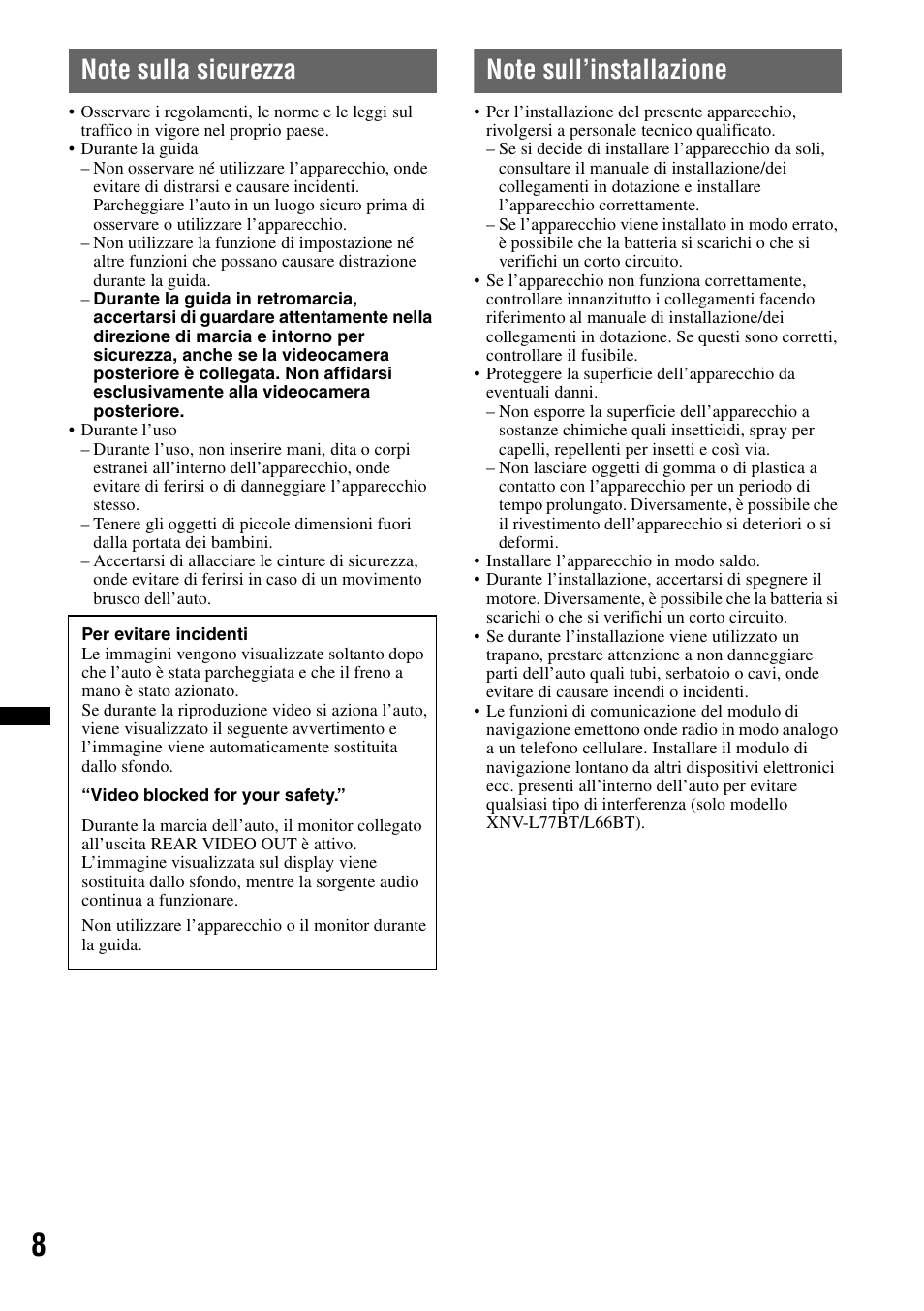 Note sulla sicurezza, Note sull’installazione | Sony XNV-L66BT User Manual | Page 168 / 248