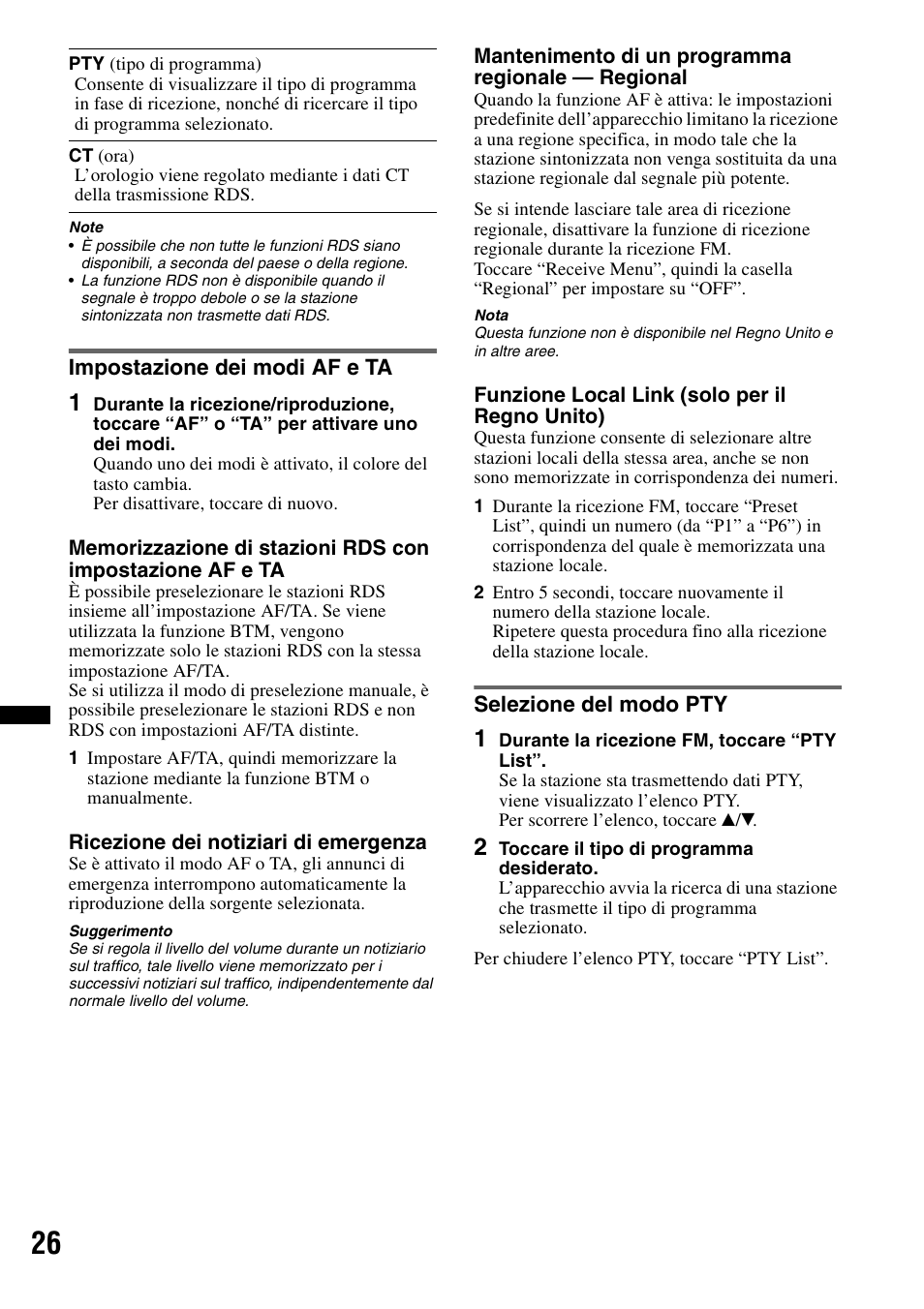 Impostazione dei modi af e ta, Selezione del modo pty | Sony XNV-L66BT User Manual | Page 186 / 248