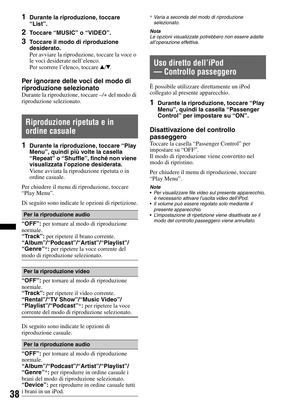 Riproduzione ripetuta e in ordine casuale, Uso diretto dell’ipod - controllo passeggero, Uso diretto dell’ipod | Controllo passeggero, Uso diretto dell’ipod — controllo passeggero | Sony XNV-L66BT User Manual | Page 198 / 248