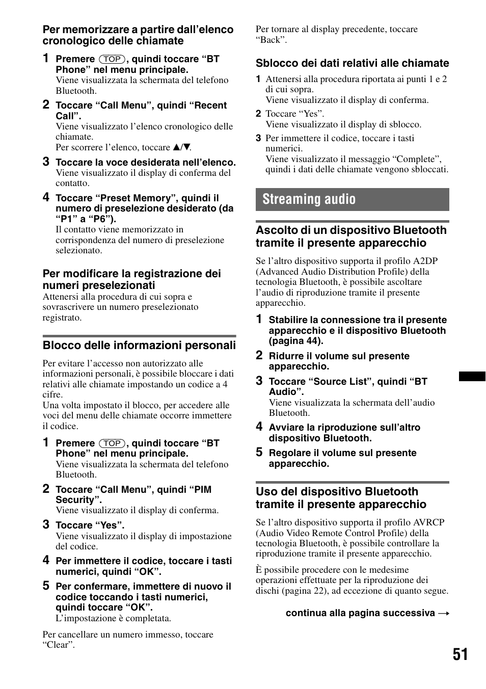 Blocco delle informazioni personali, Streaming audio, Ascolto di un dispositivo bluetooth tramite | Sony XNV-L66BT User Manual | Page 211 / 248