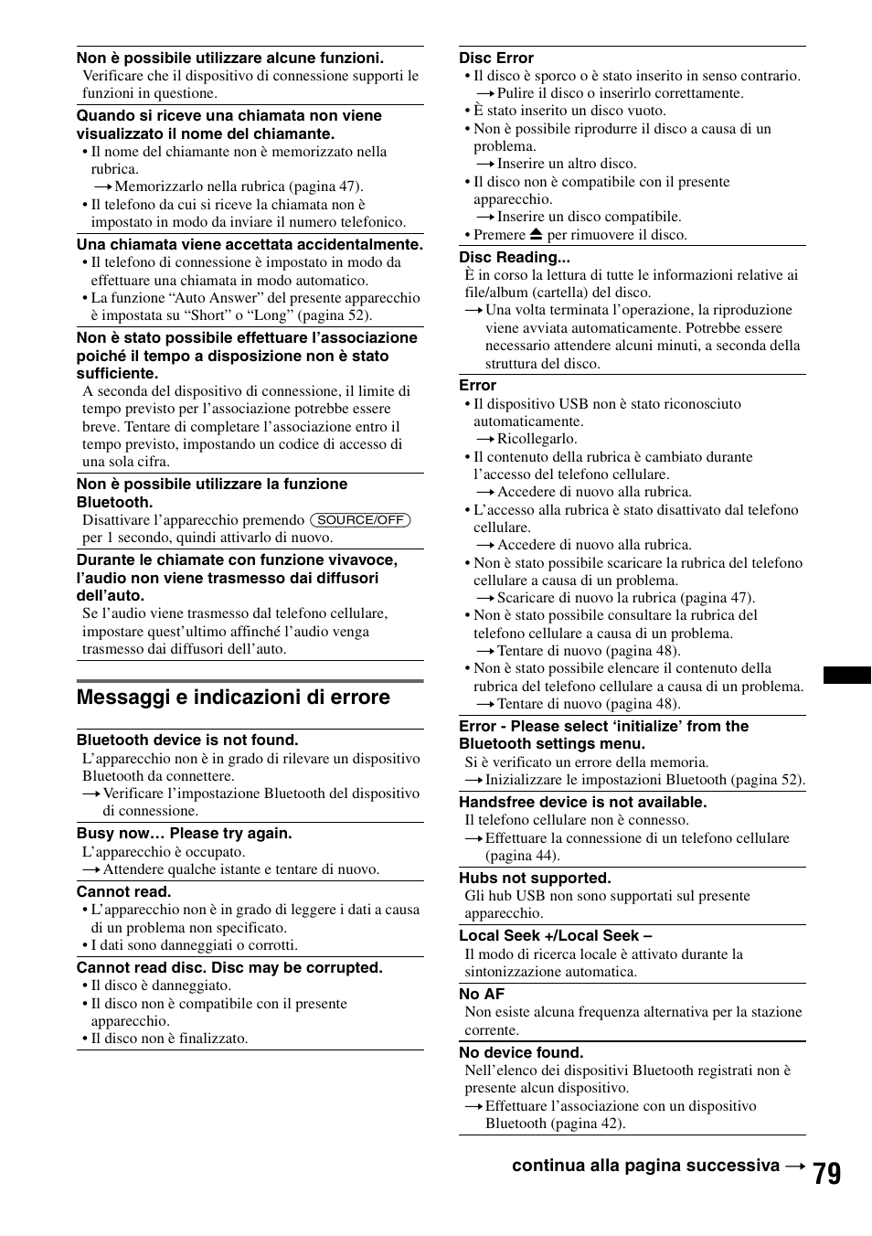 Messaggi e indicazioni di errore | Sony XNV-L66BT User Manual | Page 239 / 248