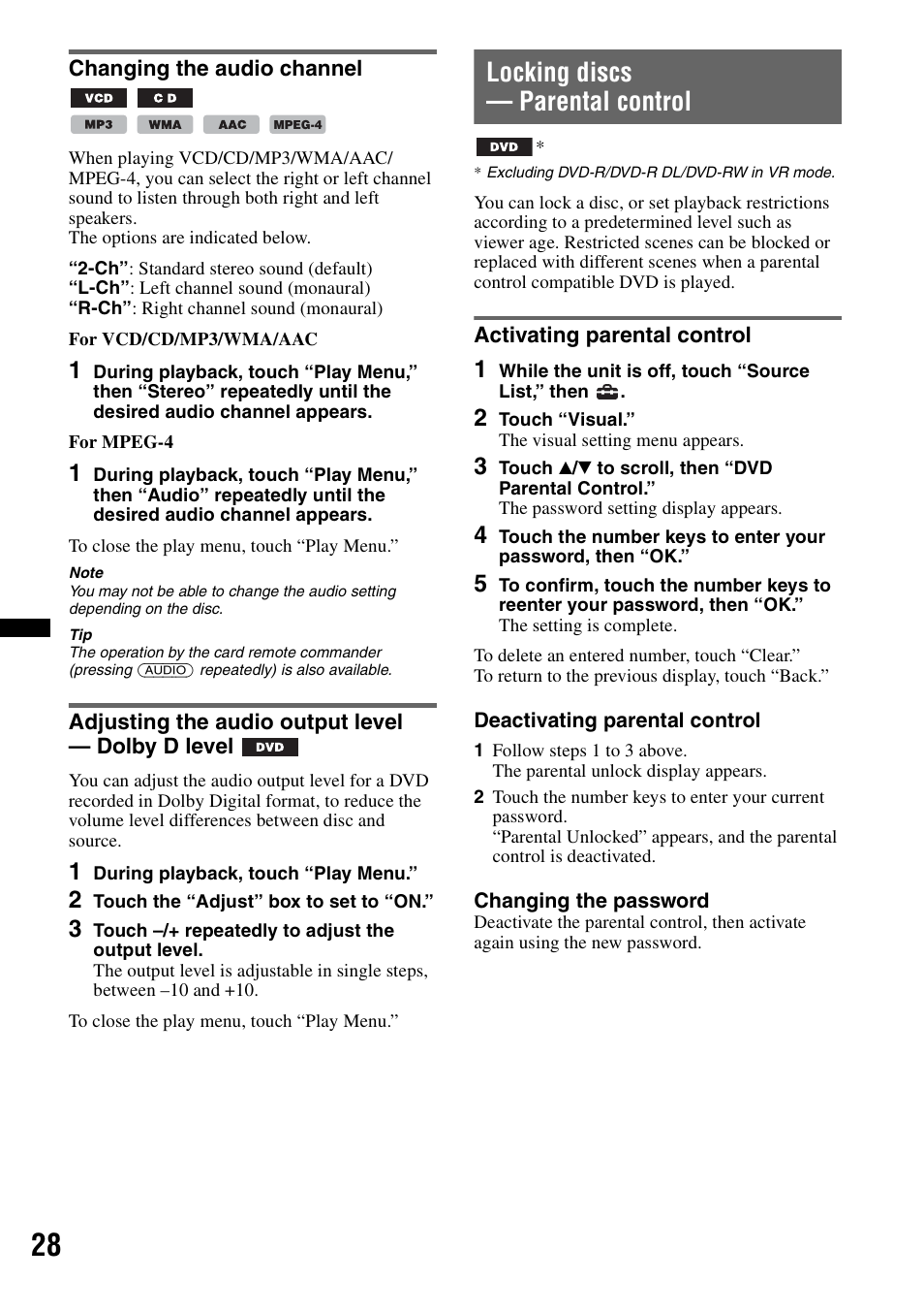 Changing the audio channel, Adjusting the audio output level - dolby d level, Locking discs - parental control | Activating parental control, Locking discs — parental control | Sony XNV-L66BT User Manual | Page 28 / 248