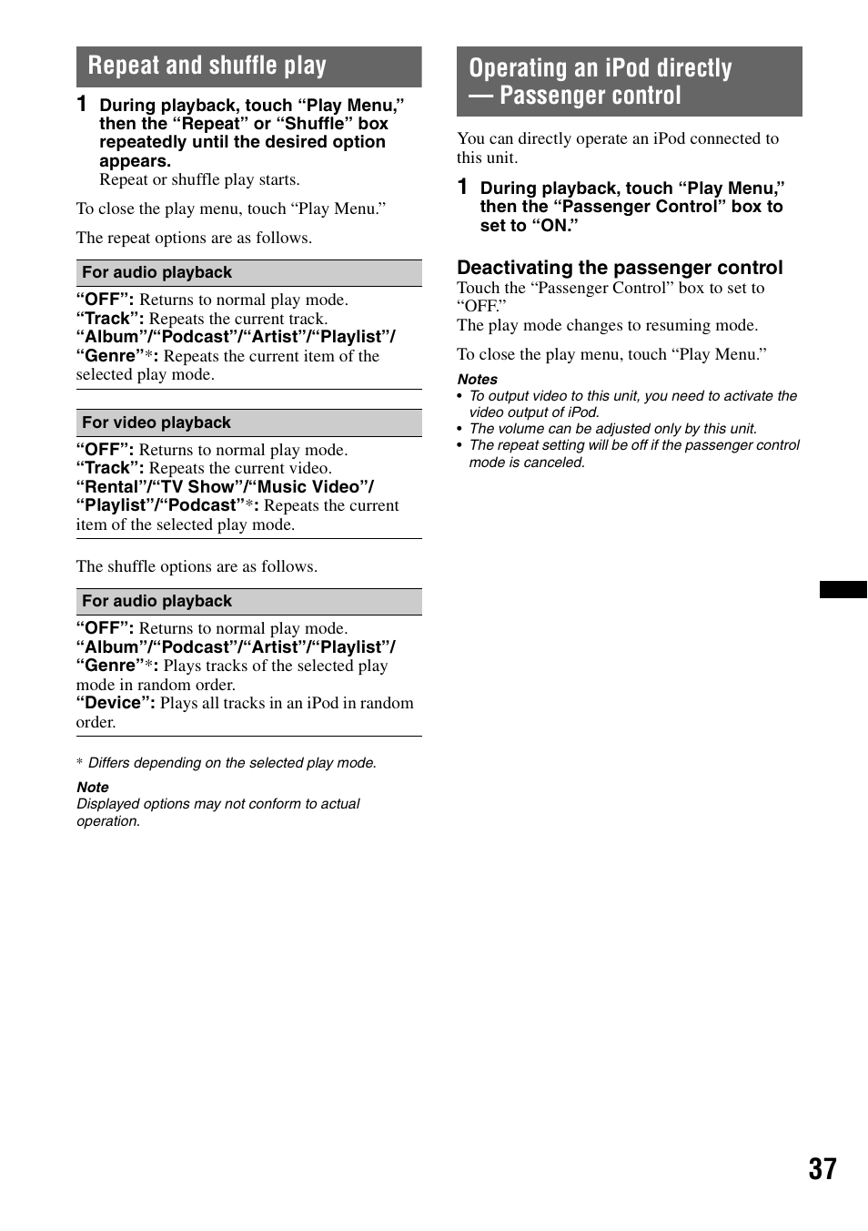 Repeat and shuffle play, Operating an ipod directly - passenger control, Operating an ipod directly — passenger control | Sony XNV-L66BT User Manual | Page 37 / 248