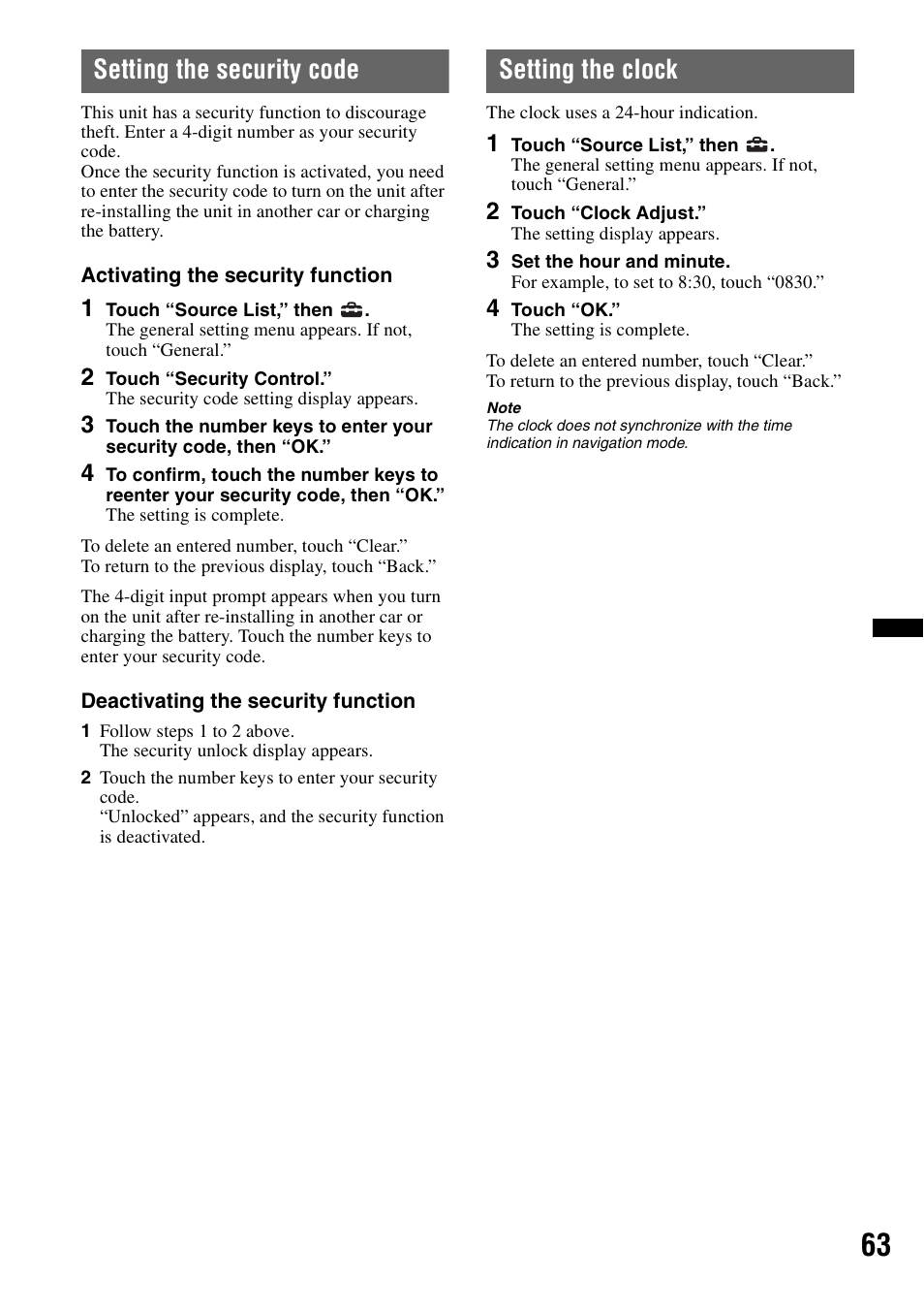 Setting the security code, Setting the clock | Sony XNV-L66BT User Manual | Page 63 / 248