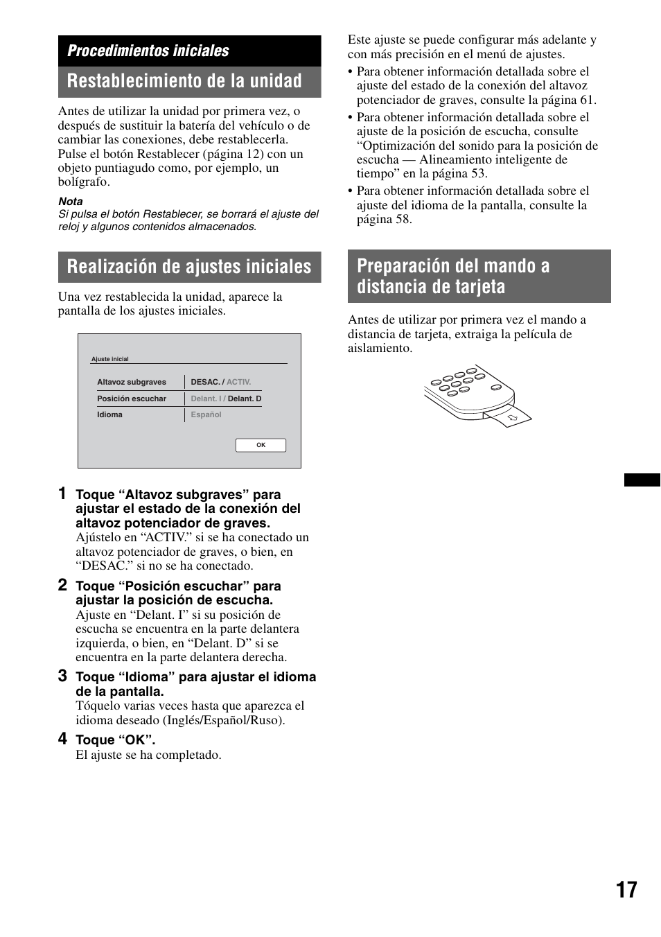 Procedimientos iniciales, Restablecimiento de la unidad, Realización de ajustes iniciales | Preparación del mando a distancia de tarjeta, Preparación del mando a distancia de, Tarjeta | Sony XNV-L66BT User Manual | Page 95 / 248